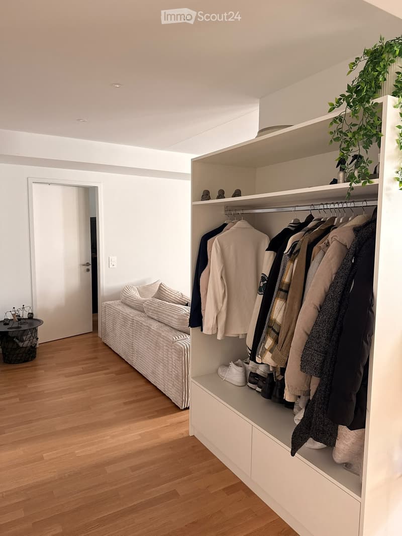 A modern, minimalist bedroom with a built-in wardrobe, a small sofa, a round side table, and a potted plant on the wardrobe shelf.