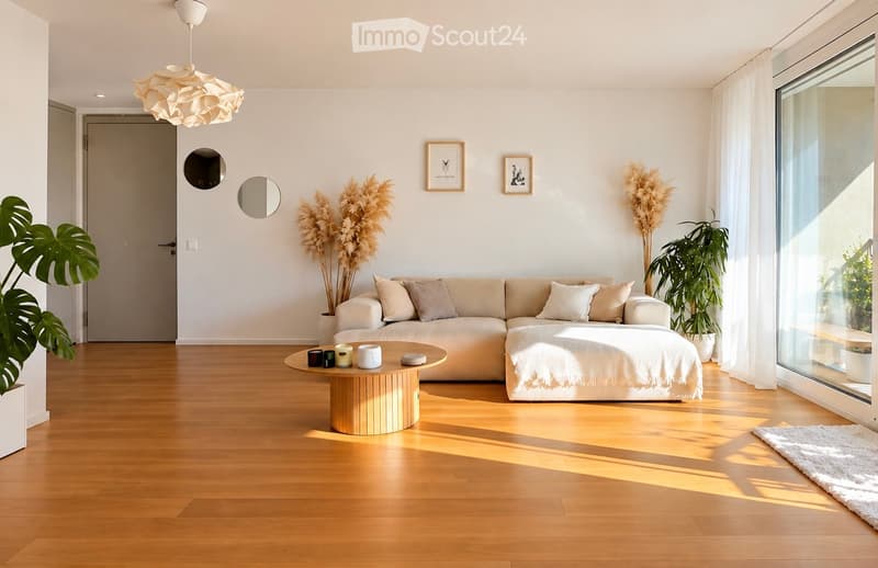 Modern living room with light-colored sofa, wooden coffee table, floor lamp, and large windows letting in natural light.