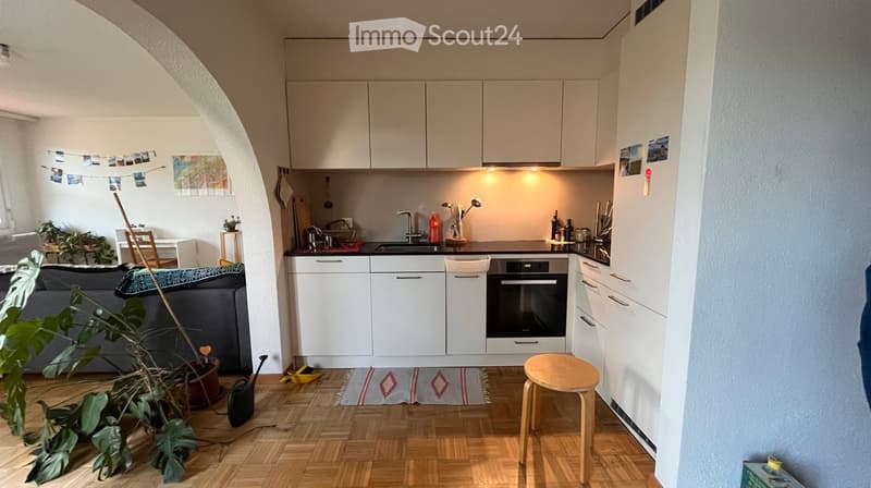 A modern, open-concept living and kitchen area with white cabinets, a black countertop, a sofa, a small wooden stool, and a potted plant. The kitchen features a sink, oven, and various utensils.