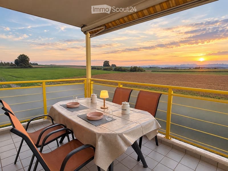 Balcony with a table set for two, featuring a lamp, cups, and bowls, overlooking a scenic countryside view at sunset.