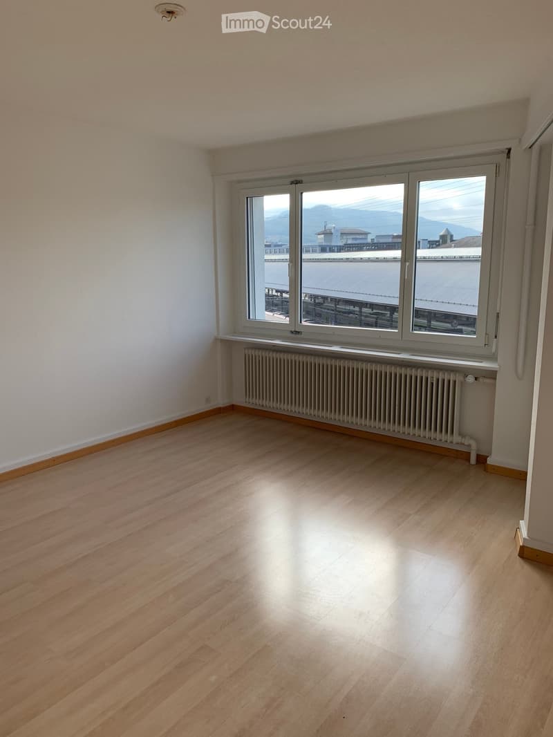 Empty room with wooden flooring, white walls, and a large window offering a view of the city and mountains. A radiator is placed under the window.