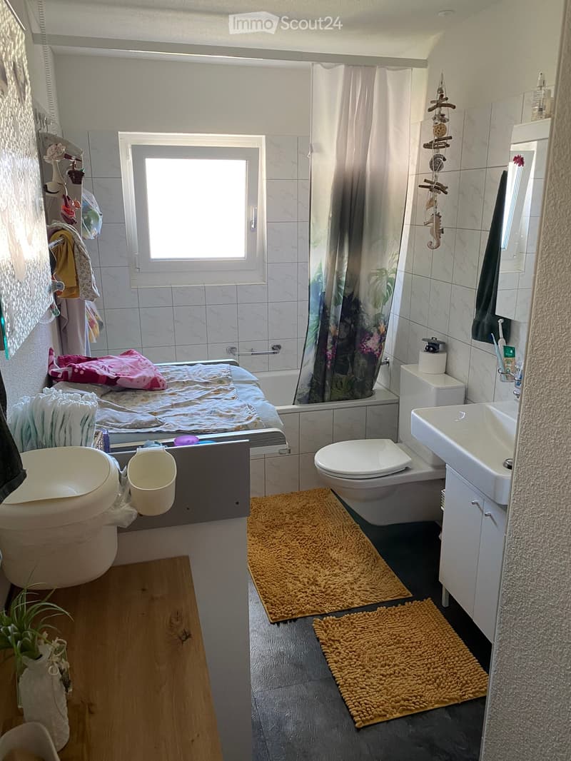 Bathroom with a bathtub, toilet, sink, mirror, shower curtain, and two bathmats on the floor. There is a small plant on a wooden shelf and a towel hanging on the side.