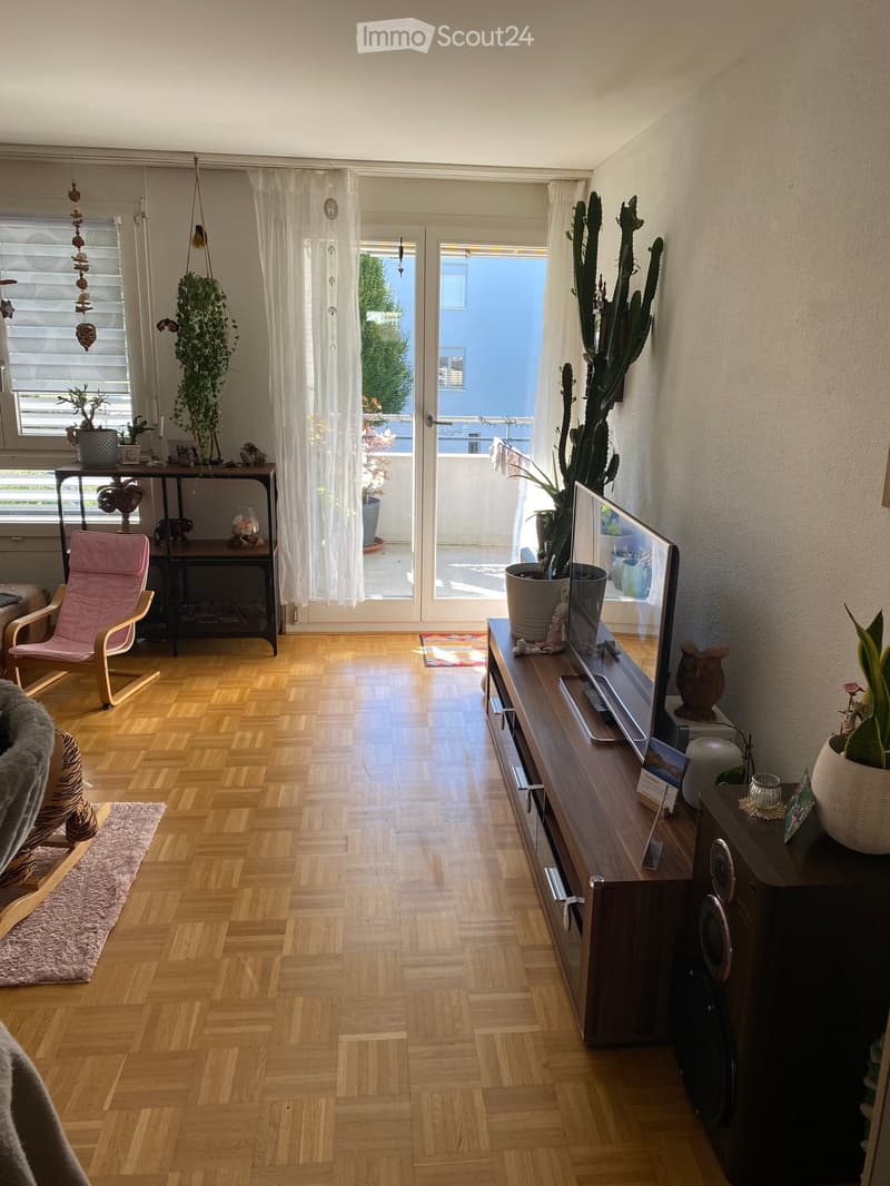Bright living room with wooden flooring, large windows, and a balcony. Features a sofa, chair, coffee table, television, speakers, and several plants.