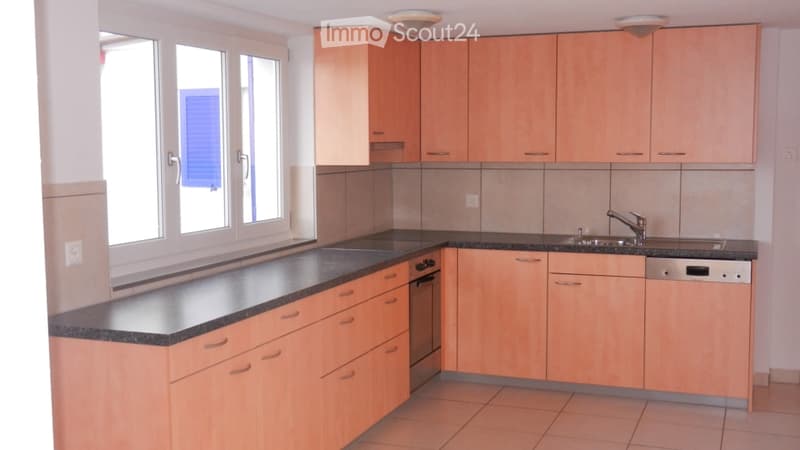 modern kitchen, wooden cabinets, black countertops, stainless steel sink, dishwasher, window