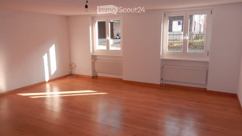 empty room, wooden floor, white walls, two windows, radiators