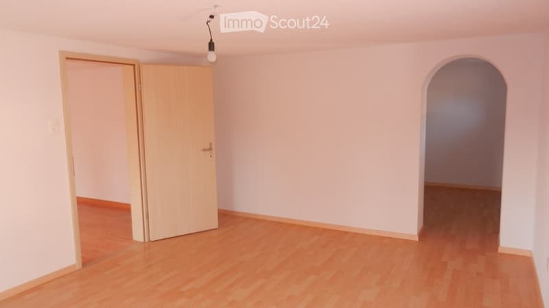Empty room with wooden floor, white walls, open door, arch doorway, light fixture
