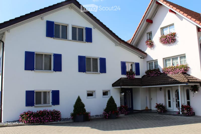 white house, blue shutters, brown roof, pink flowers on the windows, paved driveway