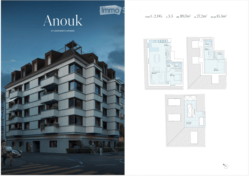 Floor plan of a multi-story residential building labeled 'Anouk' with detailed layouts of apartments, including living spaces, bedrooms, bathrooms, and balconies.