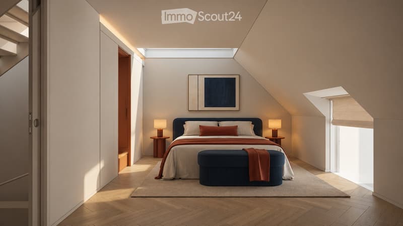 Modern bedroom with a large bed, nightstands, table lamps, a blue ottoman, and a painting on the wall. The room features wooden flooring and large windows with blinds.