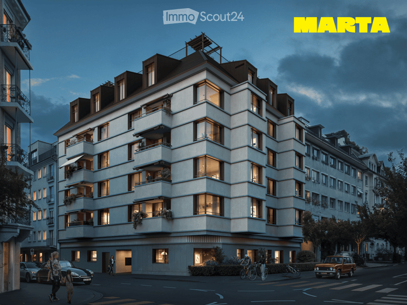 Modern apartment building with multiple balconies, large windows, and a rooftop terrace