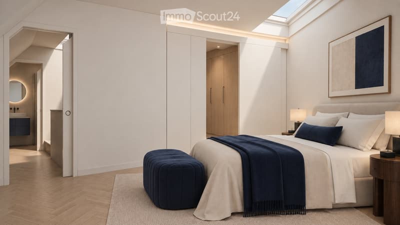 Modern bedroom with a large bed, nightstands, lamps, a blue ottoman, and a sleek wardrobe. The room features light wood flooring, white walls, and a skylight above the bed.