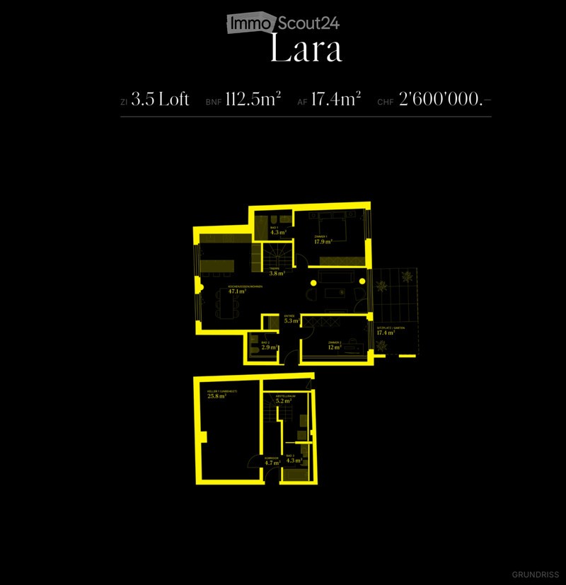 Floor plan of a 3.5-room loft with112.5 m² living area and 17.4 m² terrace. Includes kitchen/living area, two bedrooms, three bathrooms, entrance, and storage area.
