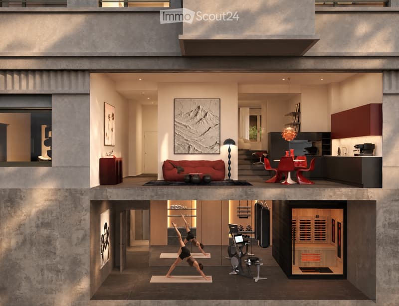 Modern two-story house with open-plan living and dining areas, kitchen, and a fitness area on the lower level. Features include a red sofa, dining table with red chairs, exercise bike, yoga mat, and a sauna.