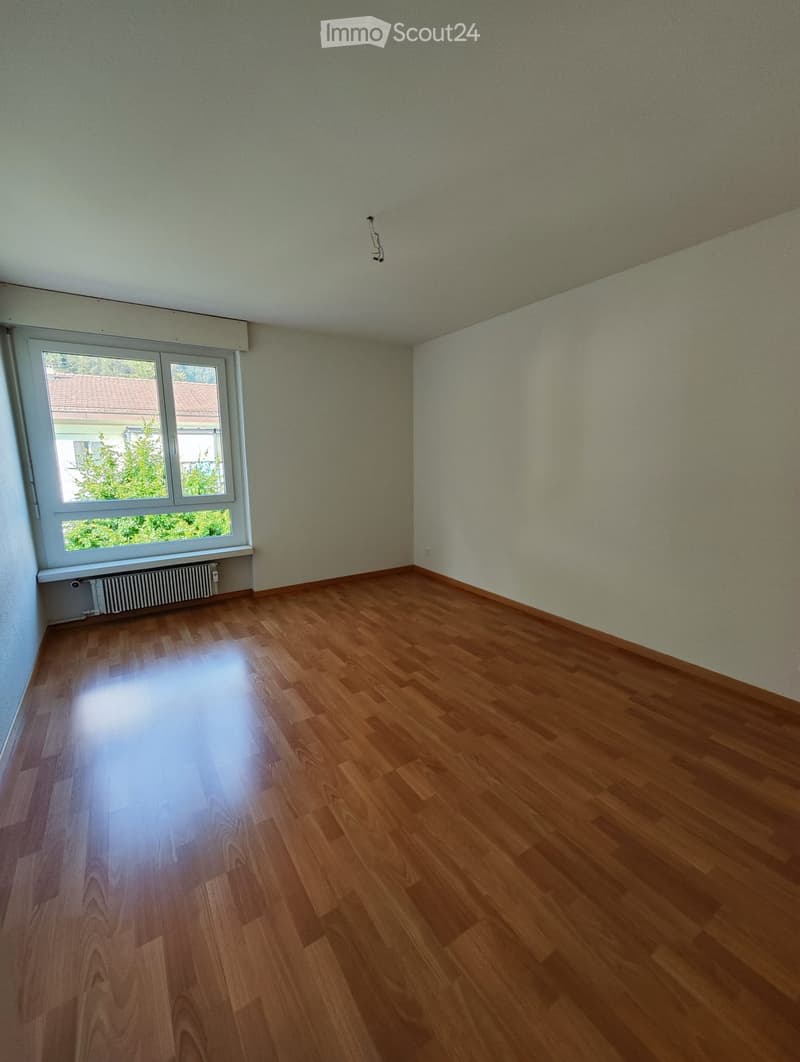 Empty room with wooden flooring, light green walls, and a large window with white frame and radiator below it.