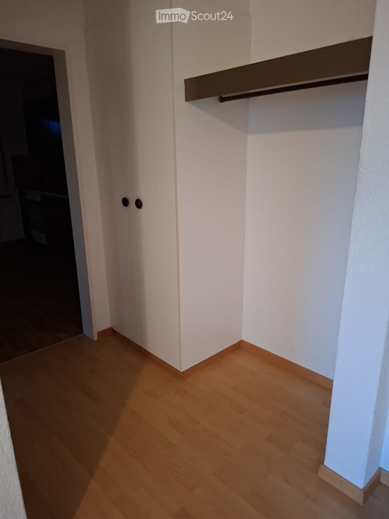 Empty room with white walls, wooden flooring, white ceiling, wooden door, and a small shelf