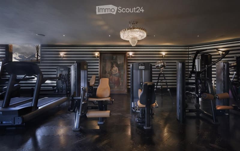 Well-equipped fitness room with dark wooden flooring, black and white striped walls, a treadmill, weight machines, a bench, a mirror, and a large chandelier.