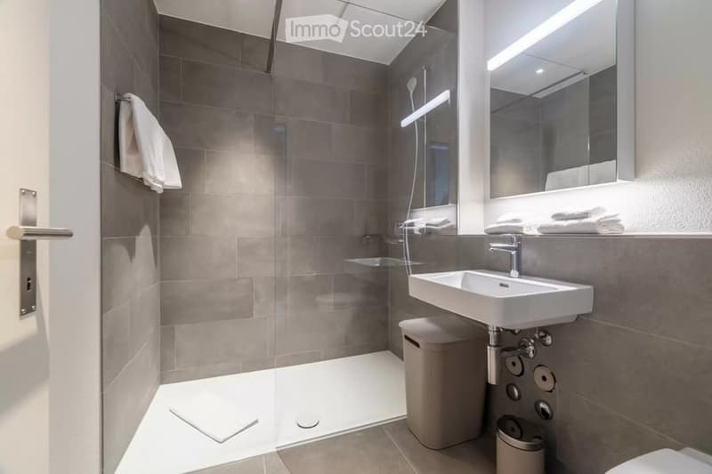 Modern bathroom with a white sink, large mirror, glass-enclosed shower, and neatly folded towels.