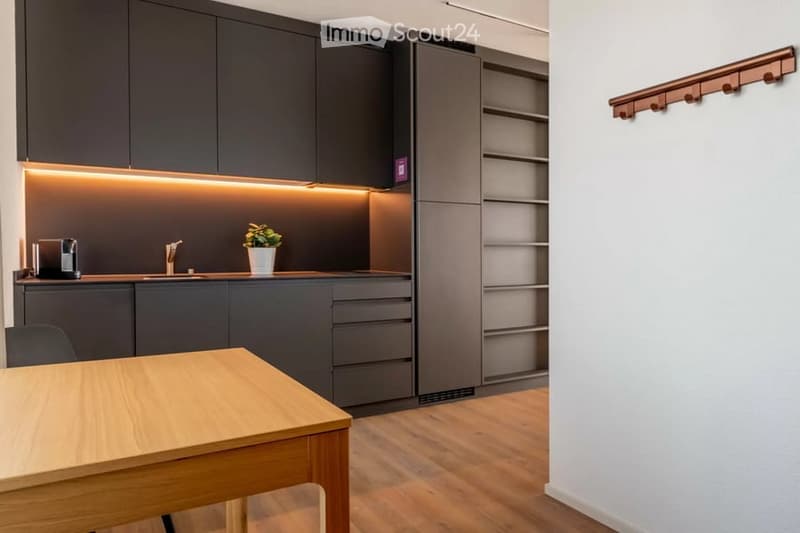 Modern kitchen with dark grey cabinets, a wooden dining table, and a small potted plant on the counter.