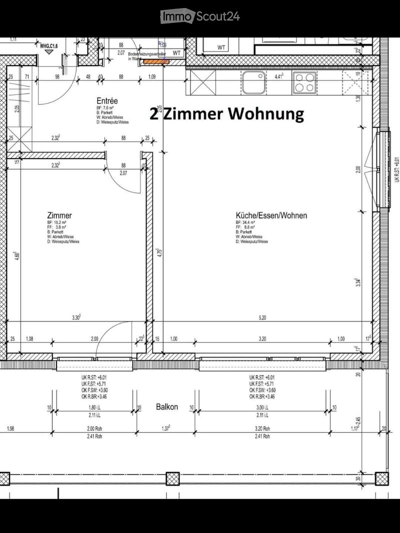 Floor plan of a 2-room apartment with an entrance, bedroom, kitchen/dining/living area, and balcony.