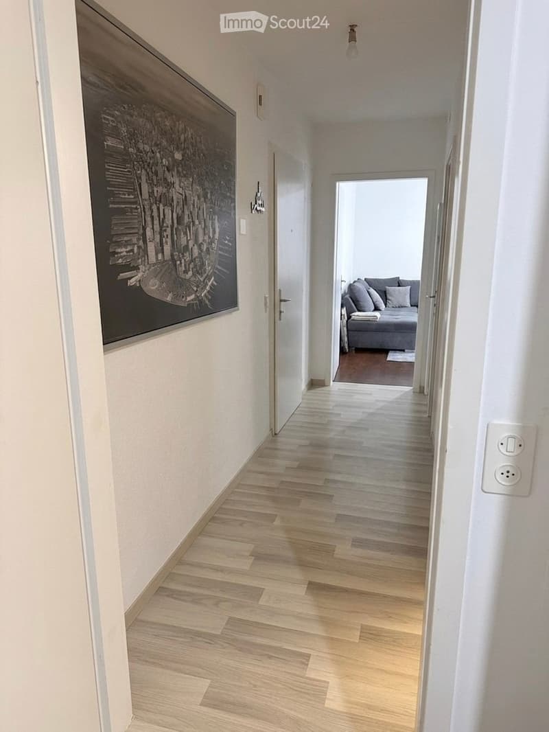 A modern hallway with light wooden flooring, white walls, and a large framed cityscape artwork on the left wall. A partially open door leads to a living room area with a grey sofa and pillows.
