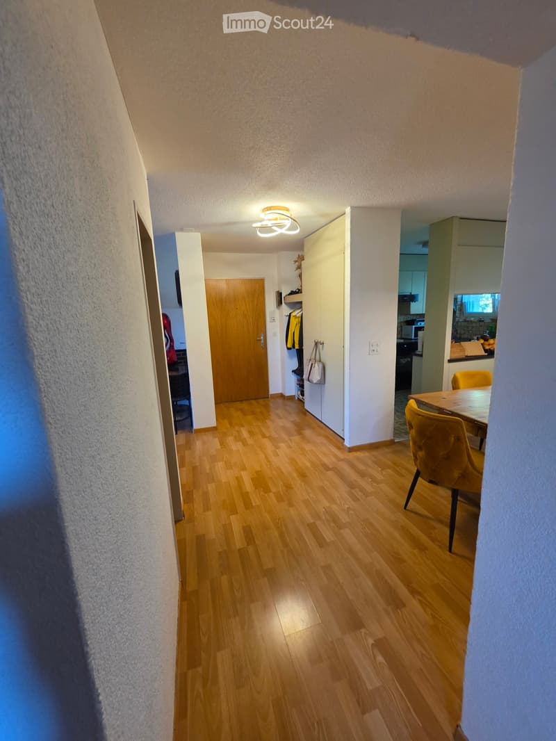 A well-lit hallway with wooden flooring, leading to a kitchen area with a dining table and chairs, and a closet with hanging items.