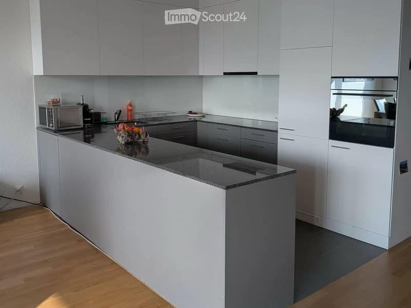 Modern kitchen with white cabinets, dark granite countertop, microwave, and built-in oven.