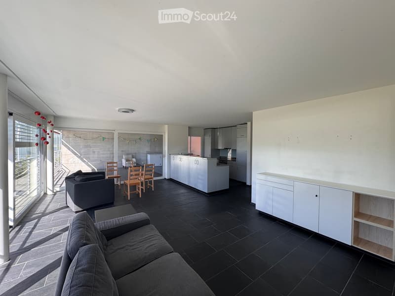 Open-plan living and dining area with a grey sectional sofa, coffee table, dining chairs, and a modern kitchen with white cabinets and stainless steel appliances.