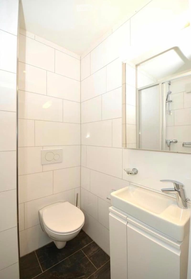 Modern bathroom with white tiled walls, a toilet, a sink with a chrome faucet, and a large mirror above the sink.