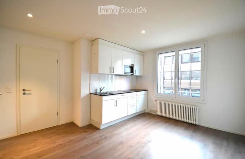 Empty kitchen with white cabinets, a sink, and a microwave. The space features wooden flooring, large windows, and a radiator under the windows.