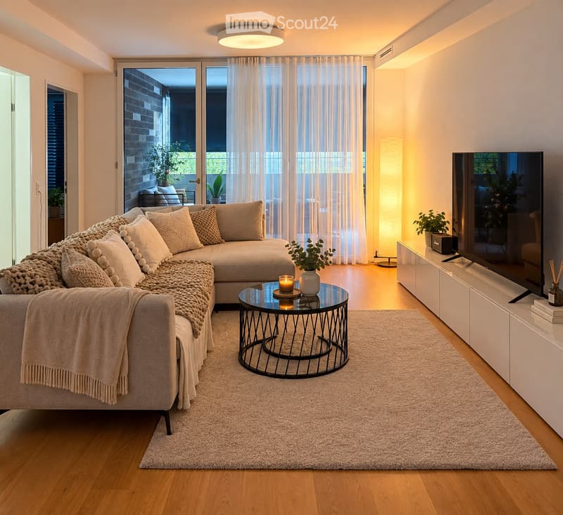 Modern living room with a grey sectional sofa, a round black coffee table, a large flat-screen TV on a white stand, a floor lamp, and a soft area rug.