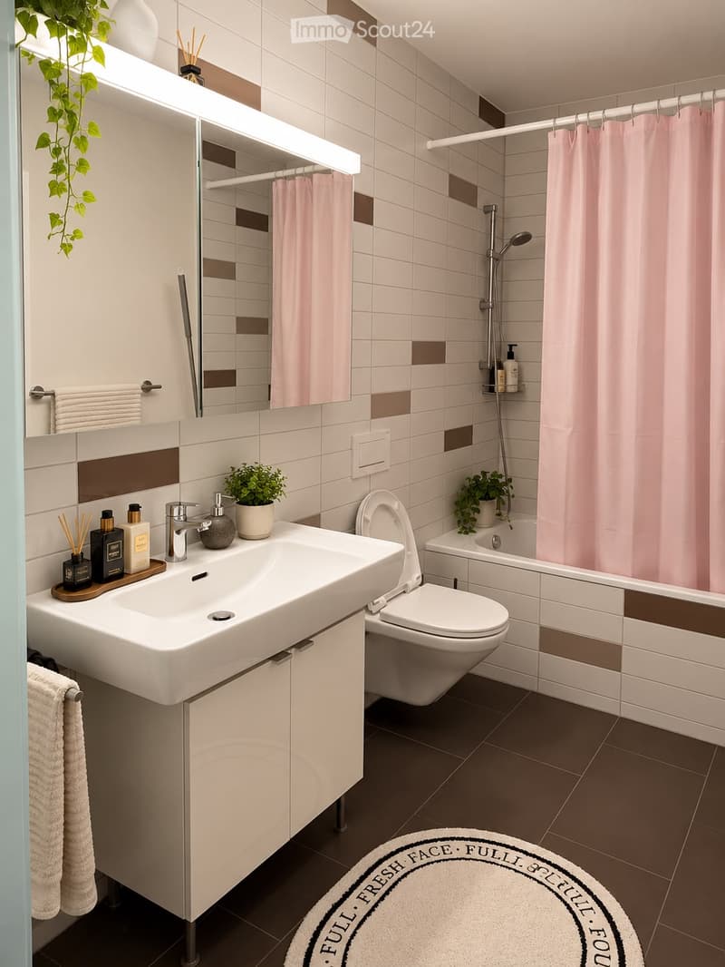 Modern bathroom with a white sink, toilet, bathtub, and shower area. Features a large mirror, towel rack, and decorative plants on the counter and shelf.