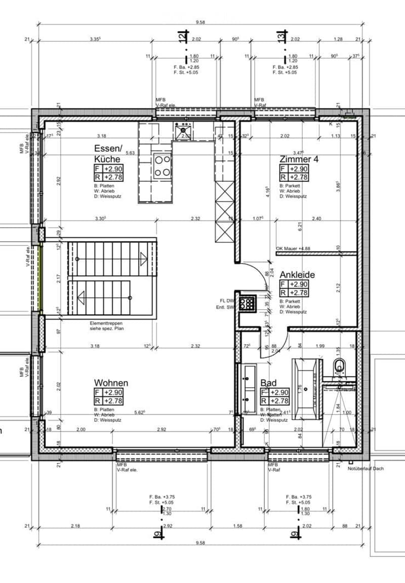 Floor plan of a residential unit showing a kitchen, living area, bedroom, bathroom, and entrance area with labeled dimensions and room labels.