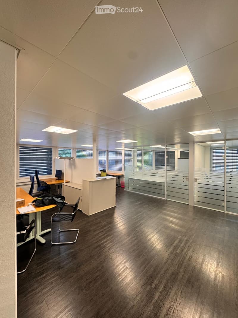 Modern office space with wooden flooring, large windows, glass partitions, desks, chairs, and computer screens.