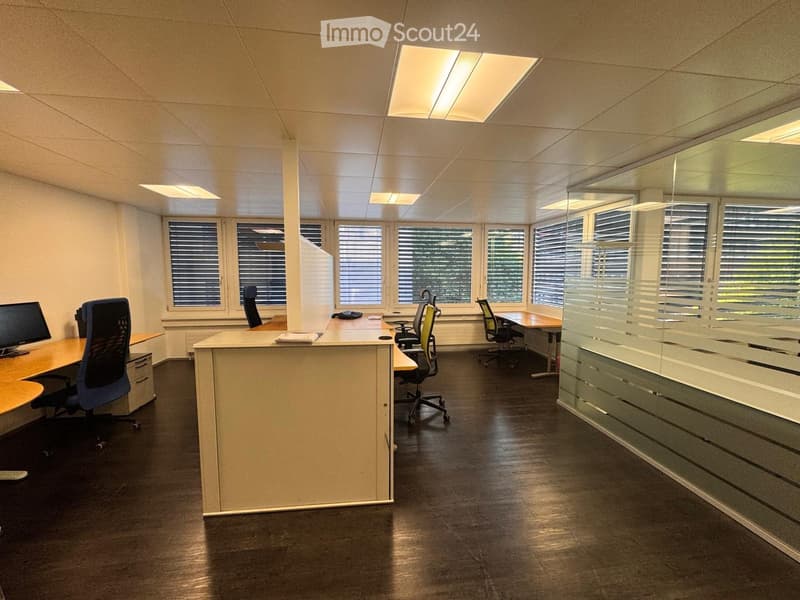 Office space with desks, chairs, computer monitors, and a telephone, featuring large windows with blinds and a glass partition.