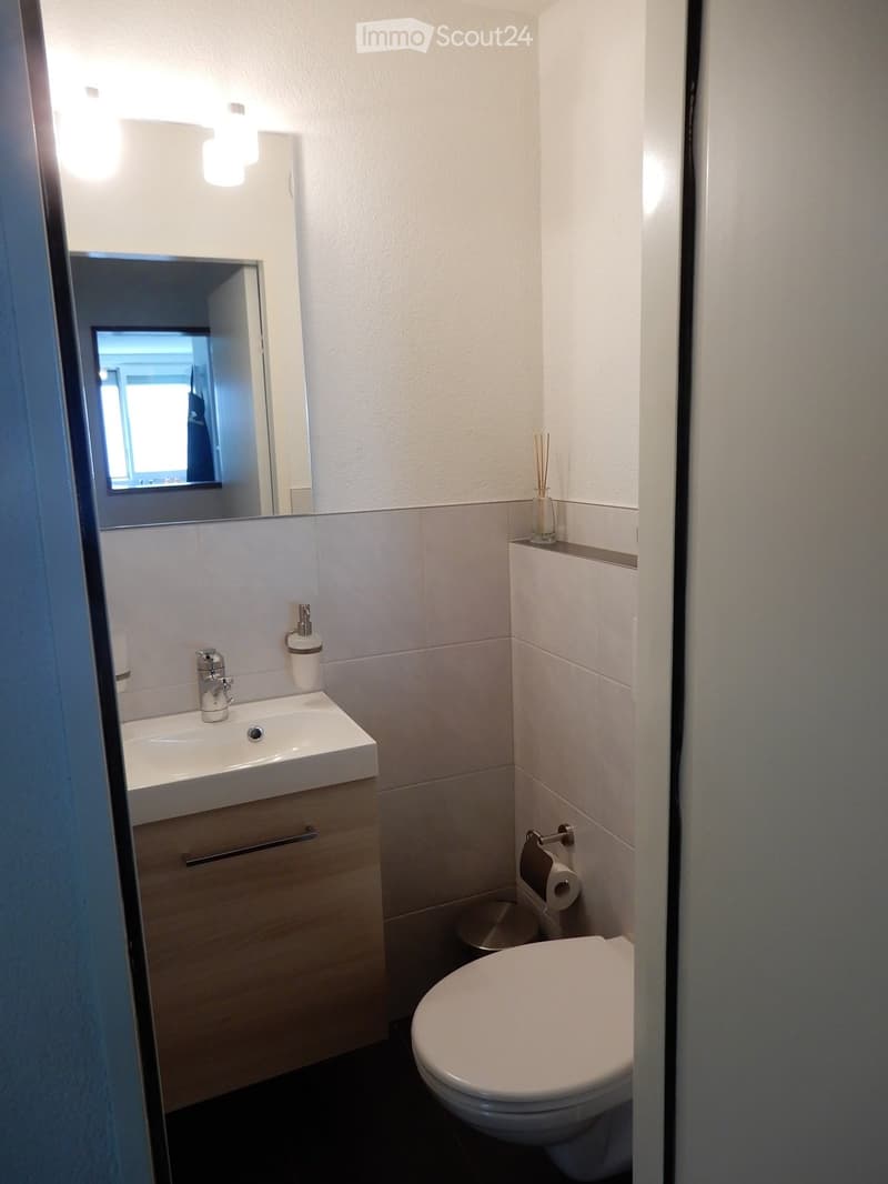Modern bathroom with white tiles, a sink with a modern faucet, a toilet, a mirror, and a small shelf holding a vase with sticks.