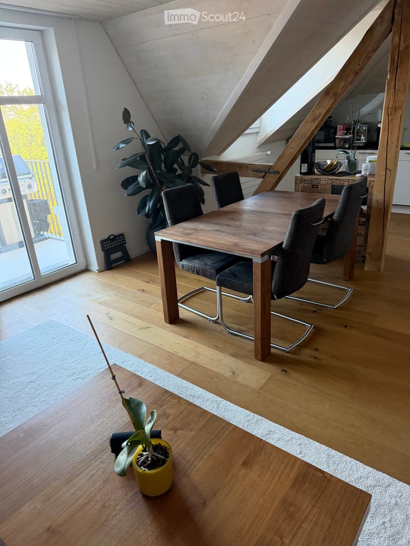 Bright, modern dining area with wooden flooring, a wooden dining table, four black chairs, and a potted plant in the foreground. The room features large windows and a view of the balcony.