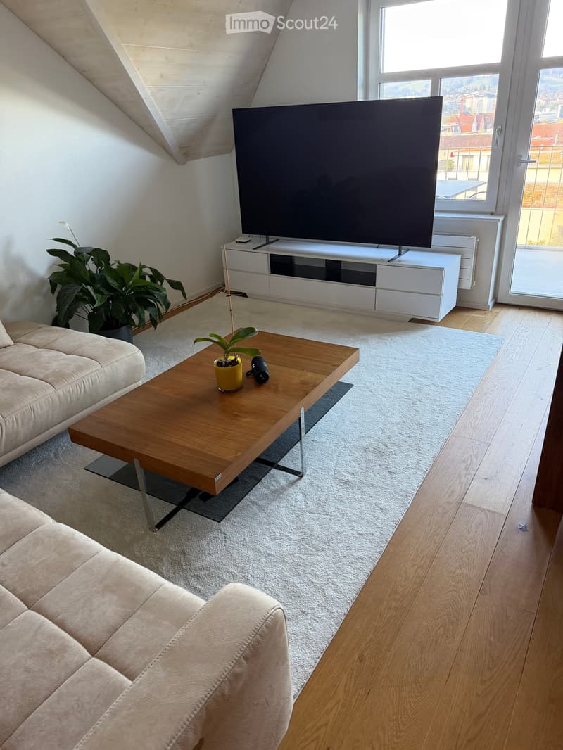 Modern living room with a large flat-screen TV on a white cabinet, a beige sofa, a wooden coffee table with a small plant and remote control, and a light-colored rug on the floor.
