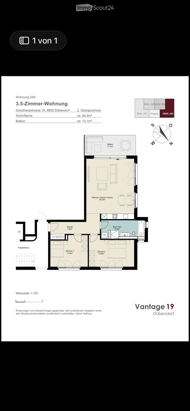 Floor plan of a 3.5-room apartment on the 2nd upper floor, featuring a living/dining/kitchen area, two bedrooms, a bathroom/WC, an entrance, and a balcony.