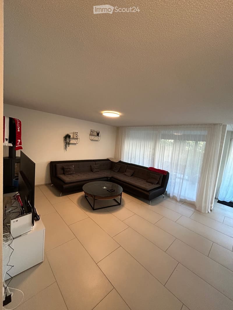 Modern living room with a dark grey sectional sofa, a round black coffee table, a white TV stand, and wall-mounted shelves with decorative items.