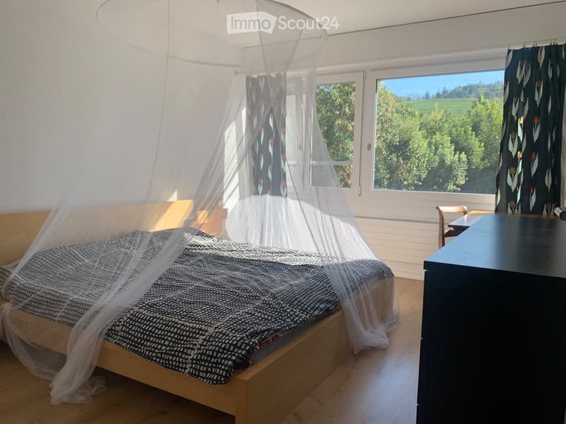 Cozy bedroom with a wooden bed, patterned bedding, mosquito net, nightstand, and a chair near the window with scenic views.