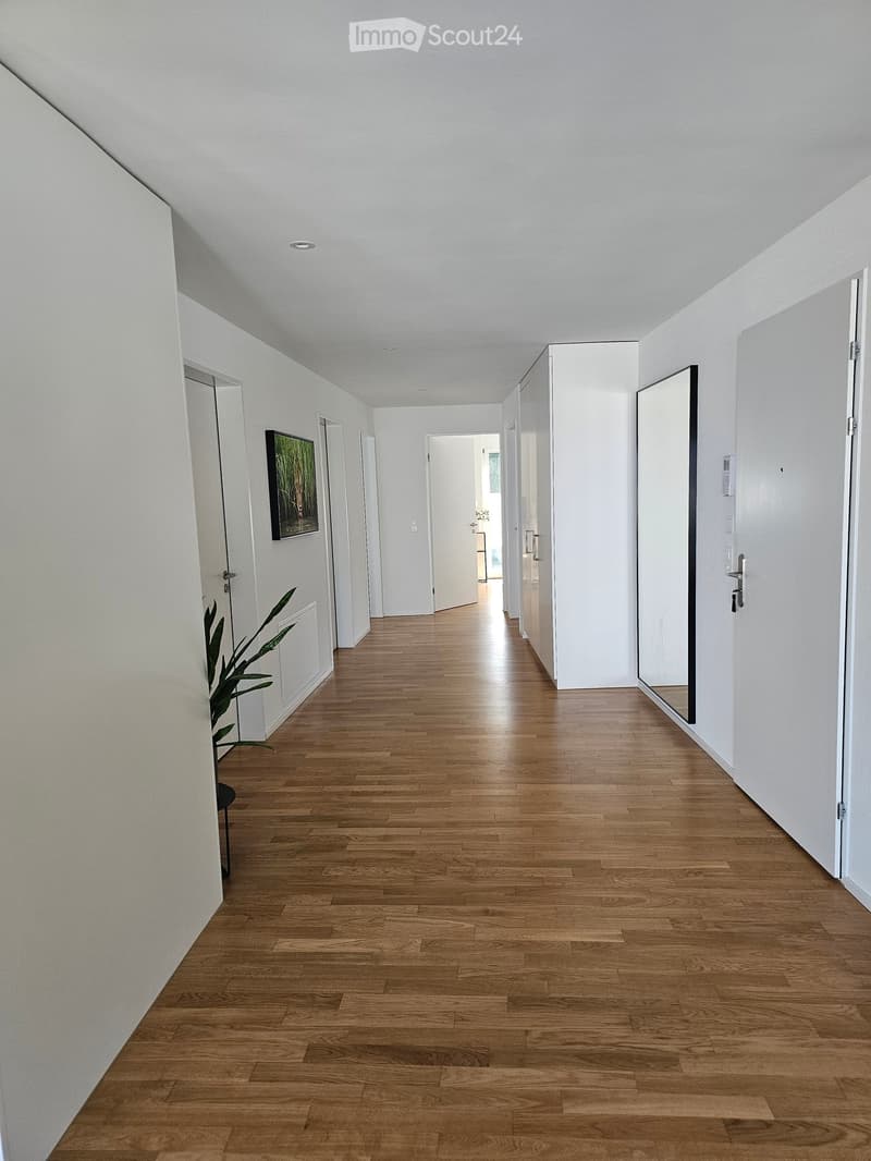 Bright, modern hallway with light wooden flooring, white walls, and several doors leading to different rooms. A small plant is placed near the left wall, and a framed picture hangs on the wall.