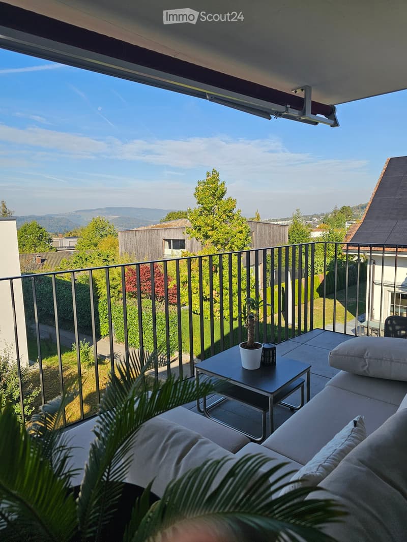 Balcony with a view of the landscape, featuring a sofa, a small table with a potted plant, and cushions.