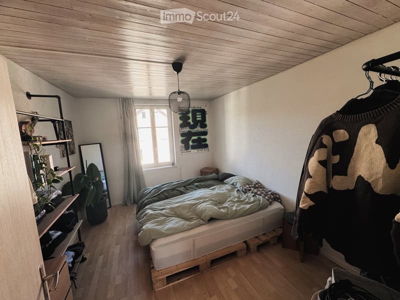 Cozy bedroom with a wooden bed frame, green bedding, a large mirror, a shelf with plants, and a hanging lamp.