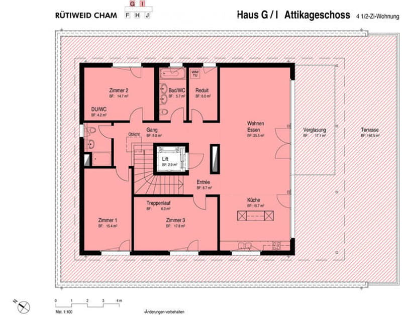 Floor plan of an attic apartment with four bedrooms, two bathrooms, kitchen, living area, hallway, and terrace.