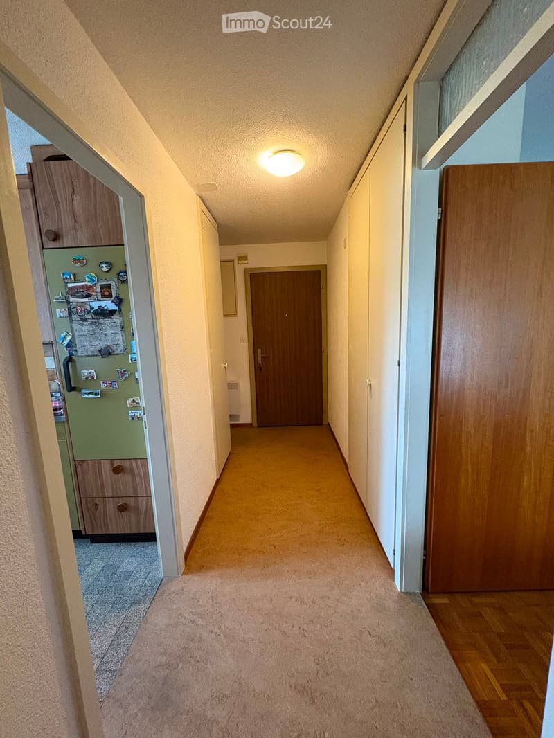 A narrow hallway with carpeted floor, wooden doors, and a visible refrigerator on the left side.
