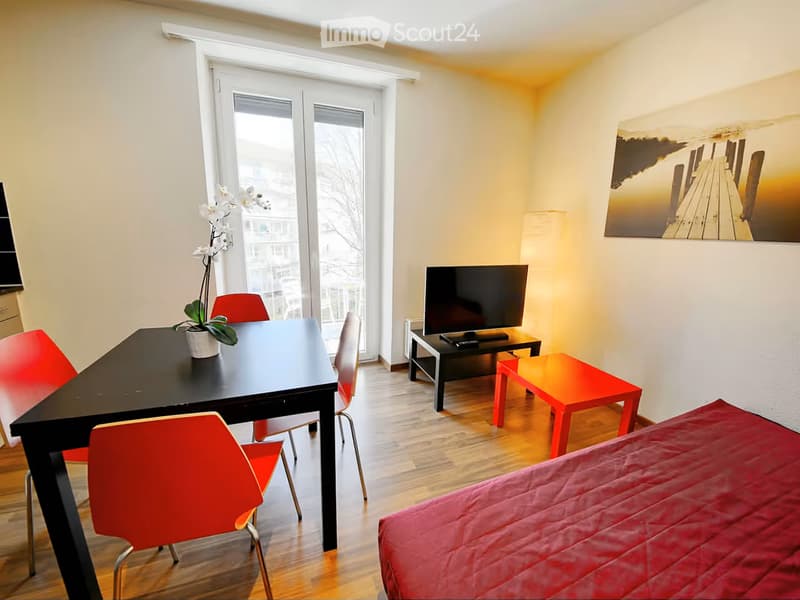 A modern, well-lit room with a bed, a dining table with chairs, a television on a stand, a small red stool, and a flower pot on the table. The room features large windows and a warm, inviting atmosphere.