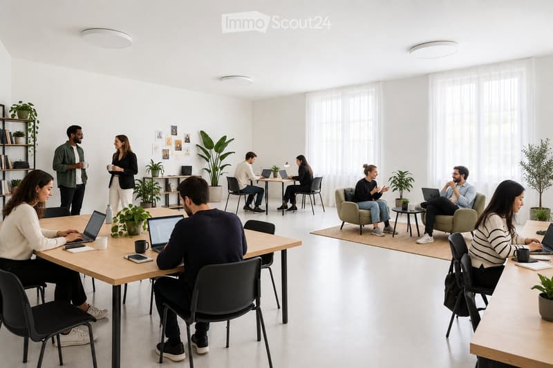 Modern office space with large windows, white walls, and several people working and socializing. There are tables, chairs, laptops, cups, sofas, plants, and shelves with books and decor.