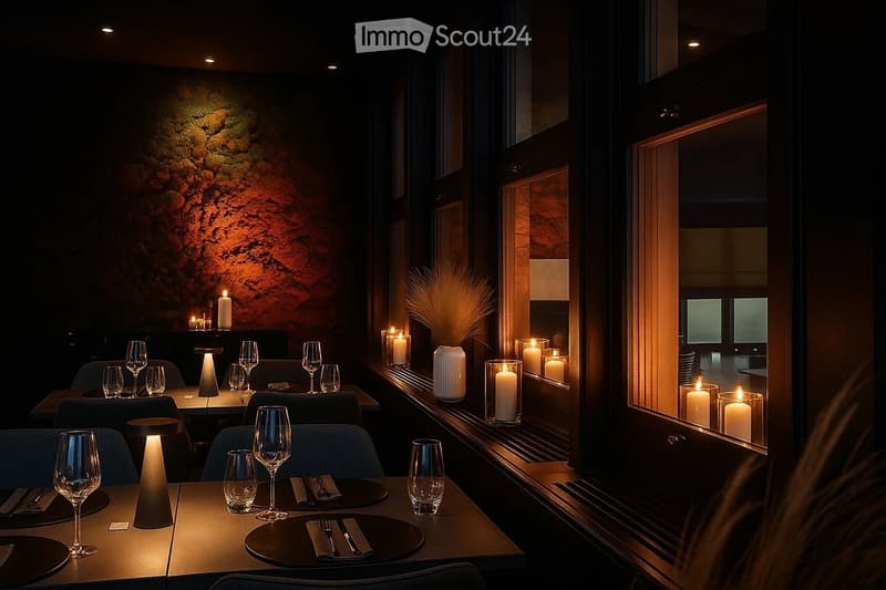 Elegant restaurant interior with tables set for dining, wine glasses, plates, and candles on the tables, along with decorative vases and ambient lighting.