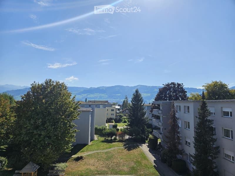 A well-maintained garden area with a grassy lawn, trees, a small wooden playhouse, and a pathway leading to a residential building complex with a scenic mountain backdrop.