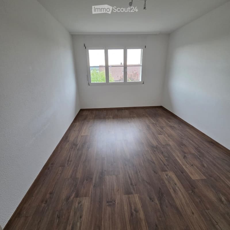 Empty room with wooden flooring and white walls, featuring a large window with white frames and blinds.